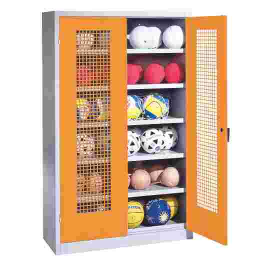 C+P Ballschrank mit Lochblech-Flügeltüren (Typ 3), HxBxT 195x120x50 cm Gelborange (RAL 2000), Lichtgrau (RAL 7035), Einzelschliessung, Ergo-Lock Muldengriff
