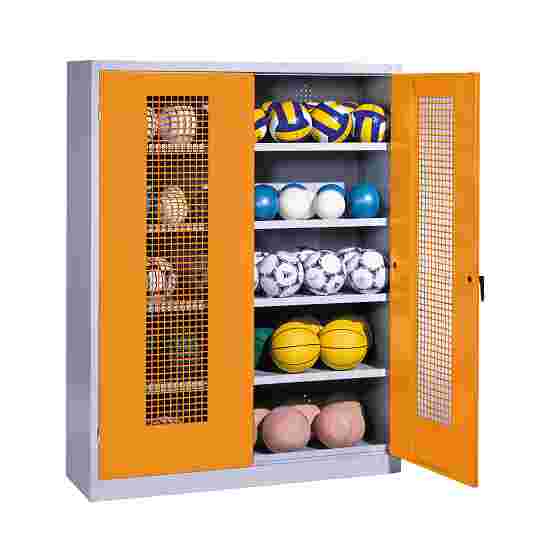 C+P Ballschrank mit Lochblech-Flügeltüren (Typ 3), HxBxT 195x150x50 cm Gelborange (RAL 2000), Lichtgrau (RAL 7035), Gleichschliessung, Ergo-Lock Muldengriff