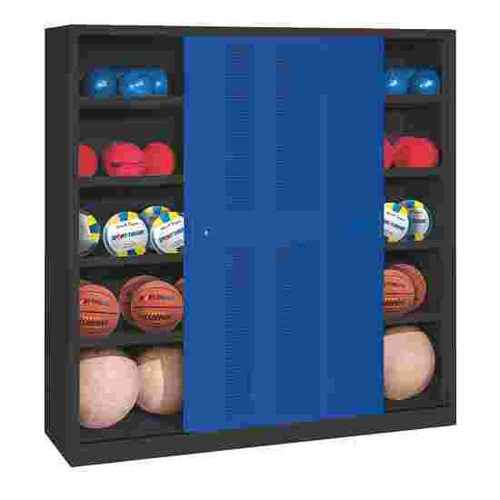 C+P Ballschrank mit Lochblech-Schiebetüren (Typ 4), HxBxT 195x160x50 cm Enzianblau (RAL 5010), Anthrazit (RAL 7021), Einzelschliessung
