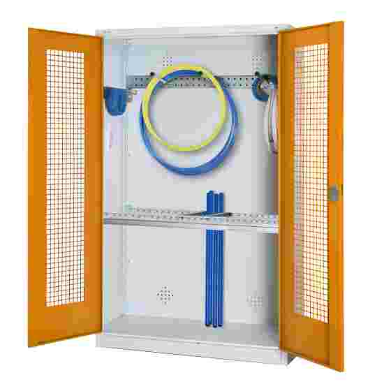 C+P Modul-Sportgeräteschrank &quot;Grundausstattung&quot; mit Lochblech-Flügeltüren, HxBxT 195x120x50 cm Gelborange (RAL 2000), Lichtgrau (RAL 7035), Einzelschliessung, Klinkengriff