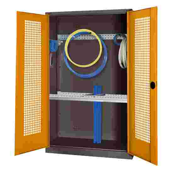 C+P Modul-Sportgeräteschrank &quot;Grundausstattung&quot; mit Lochblech-Flügeltüren, HxBxT 195x120x50 cm Gelborange (RAL 2000), Anthrazit (RAL 7021), Gleichschliessung, Klinkengriff