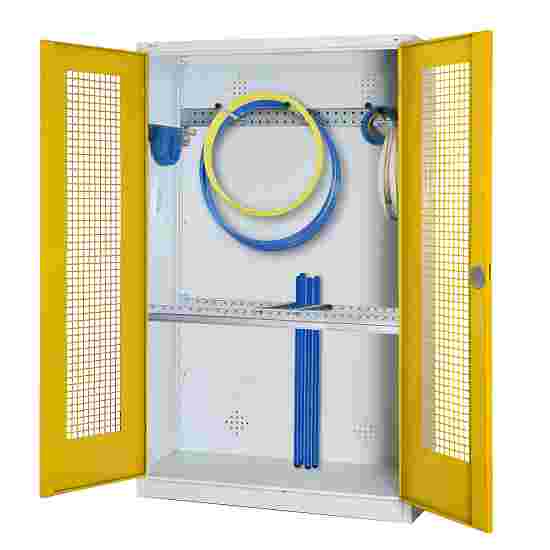 C+P Modul-Sportgeräteschrank &quot;Grundausstattung&quot; mit Lochblech-Flügeltüren, HxBxT 195x120x50 cm Sonnengelb (RDS 080 80 60), Lichtgrau (RAL 7035), Gleichschliessung, Ergo-Lock Muldengriff