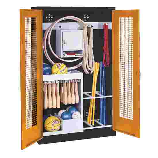 C+P Sportgeräteschrank mit Lochblech-Flügeltüren (Typ 1), HxBxT 195x120x50 cm Gelborange (RAL 2000), Anthrazit (RAL 7021), Ergo-Lock Muldengriff, Einzelschliessung