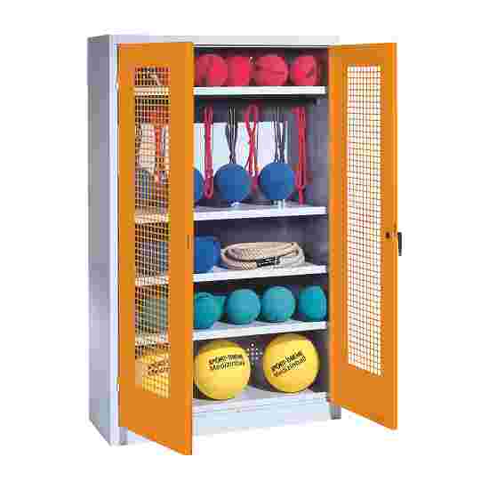 C+P Sportgeräteschrank mit Lochblech-Flügeltüren (Typ 2), HxBxT 195x120x50 cm Gelborange (RAL 2000), Lichtgrau (RAL 7035), Einzelschliessung, Ergo-Lock Muldengriff