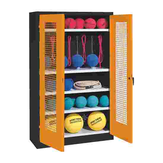 C+P Sportgeräteschrank mit Lochblech-Flügeltüren (Typ 2), HxBxT 195x120x50 cm Gelborange (RAL 2000), Anthrazit (RAL 7021), Einzelschliessung, Ergo-Lock Muldengriff