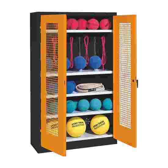 C+P Sportgeräteschrank mit Lochblech-Flügeltüren (Typ 2), HxBxT 195x120x50 cm Gelborange (RAL 2000), Anthrazit (RAL 7021), Gleichschliessung, Ergo-Lock Muldengriff