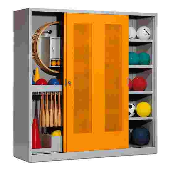 C+P Sportgeräteschrank mit Lochblech-Schiebetüren (Typ 5), HxBxT 195x190x60 cm Gelborange (RAL 2000), Lichtgrau (RAL 7035), Einzelschliessung