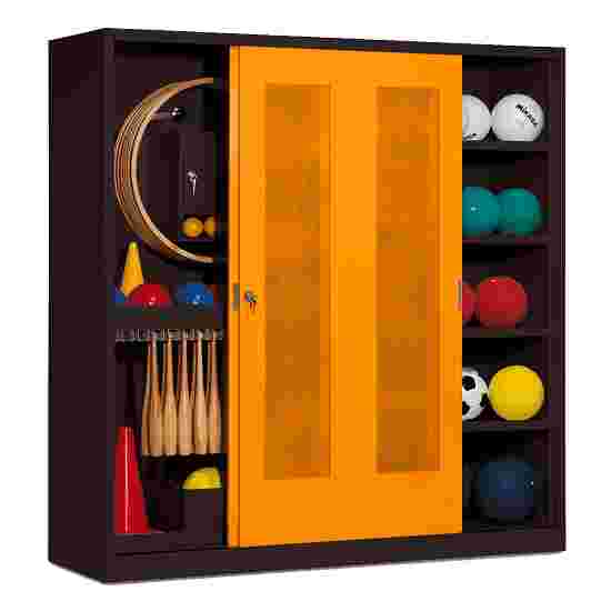 C+P Sportgeräteschrank mit Lochblech-Schiebetüren (Typ 5), HxBxT 195x190x60 cm Gelborange (RAL 2000), Anthrazit (RAL 7021), Einzelschliessung
