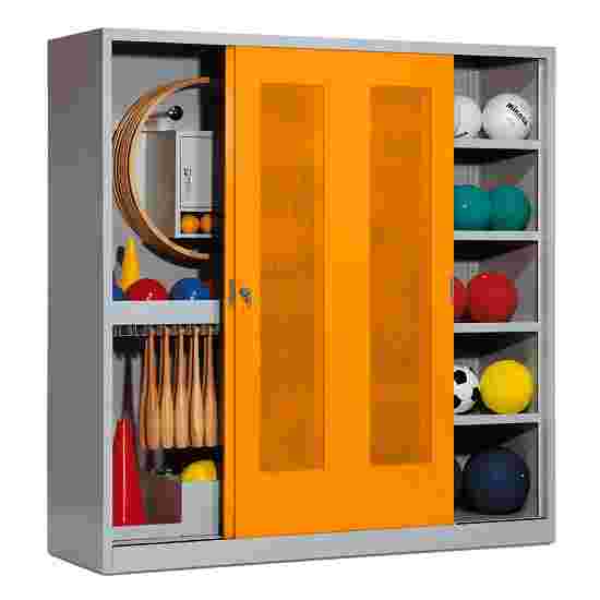 C+P Sportgeräteschrank mit Lochblech-Schiebetüren (Typ 5), HxBxT 195x190x60 cm Gelborange (RAL 2000), Lichtgrau (RAL 7035), Gleichschliessung