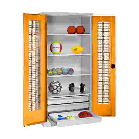 C+P Sportgeräteschrank mit Schubladen und Lochblech-Flügeltüren (Typ 4),  HxBxT 195x120x50 cm Gelborange (RAL 2000), Lichtgrau (RAL 7035), Einzelschliessung, Klinkengriff