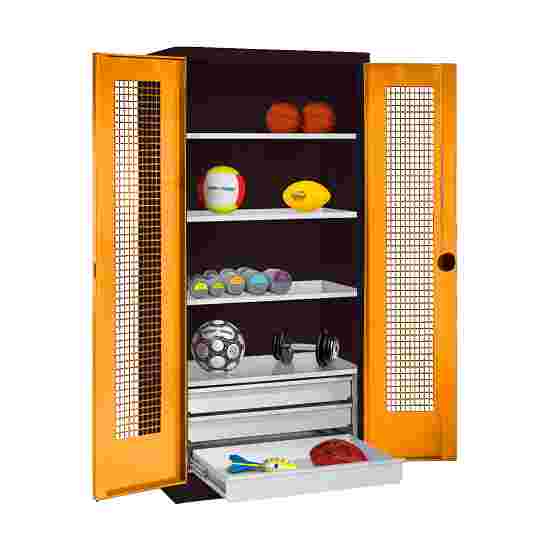 C+P Sportgeräteschrank mit Schubladen und Lochblech-Flügeltüren (Typ 4),  HxBxT 195x120x50 cm Gelborange (RAL 2000), Anthrazit (RAL 7021), Einzelschliessung, Ergo-Lock Muldengriff