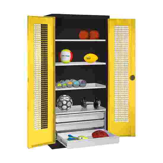 C+P Sportgeräteschrank mit Schubladen und Lochblech-Flügeltüren (Typ 4),  HxBxT 195x120x50 cm Sonnengelb (RDS 080 80 60), Anthrazit (RAL 7021), Gleichschliessung, Klinkengriff