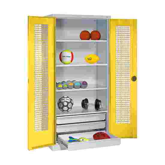 C+P Sportgeräteschrank mit Schubladen und Lochblech-Flügeltüren (Typ 4),  HxBxT 195x120x50 cm Sonnengelb (RDS 080 80 60), Lichtgrau (RAL 7035), Gleichschliessung, Ergo-Lock Muldengriff