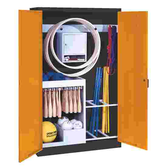 C+P Sportgeräteschrank mit Vollblech-Flügeltüren (Typ 1), HxBxT 195x120x50 cm Gelborange (RAL 2000), Anthrazit (RAL 7021), Einzelschliessung, Ergo-Lock Muldengriff