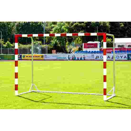 Handballtor mit beklebtem Torrahmen Mit anklappbaren Netzbügeln, Rot-Weiss