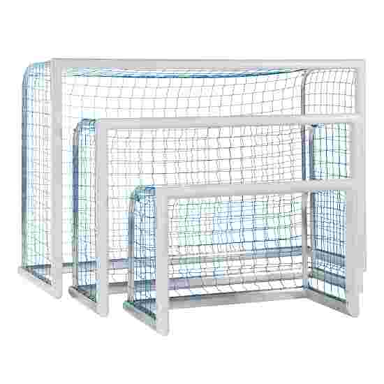 Mini but de football Sport-Thieme « Professional Compact », coloris blanc peint par poudrage 1,20x0,80 m, Filet inclus, bleu (mailles 10 cm)