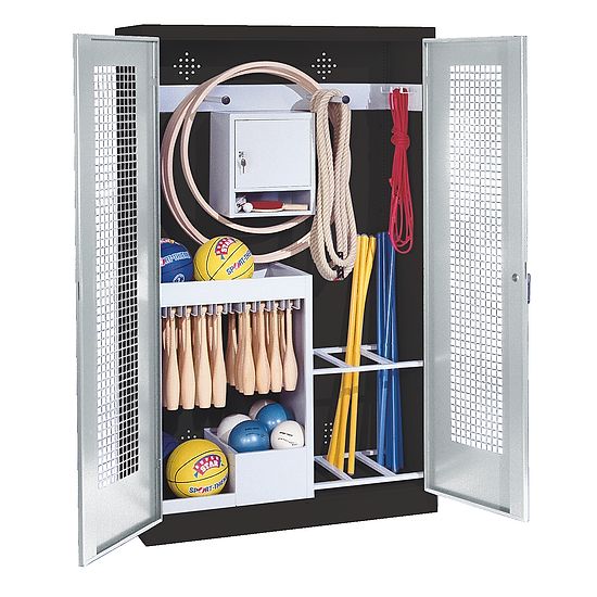 Sportgeräteschrank, HxBxT 195x120x50 cm, mit Lochblech-Flügeltüren (Typ 1) Lichtgrau (RAL 7035), Anthrazit (RAL 7021)