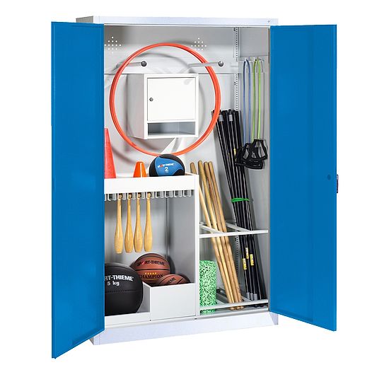 Sportgeräteschrank, HxBxT 195x120x50 cm, mit Vollblech-Flügeltüren (Typ 1) Enzianblau (RAL 5010), Lichtgrau (RAL 7035)