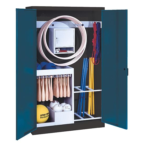Sportgeräteschrank, HxBxT 195x120x50 cm, mit Vollblech-Flügeltüren (Typ 1) Enzianblau (RAL 5010), Anthrazit (RAL 7021)