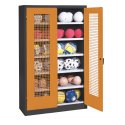 C+P Ballschrank mit Lochblech-Flügeltüren (Typ 3), HxBxT 195x120x50 cm Gelborange (RAL 2000), Anthrazit (RAL 7021), Einzelschliessung, Klinkengriff