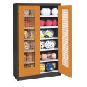 C+P Ballschrank mit Lochblech-Flügeltüren (Typ 3), HxBxT 195x120x50 cm Gelborange (RAL 2000), Anthrazit (RAL 7021), Einzelschliessung, Ergo-Lock Muldengriff