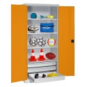 C+P Sportgeräteschrank mit Schubladen und Vollblech-Flügeltüren (Typ 4), HxBxT 195x120x50 cm Gelborange (RAL 2000), Lichtgrau (RAL 7035), Einzelschliessung, Ergo-Lock Muldengriff
