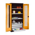 C+P Sportgeräteschrank mit Schubladen und Lochblech-Flügeltüren (Typ 4),  HxBxT 195x120x50 cm Gelborange (RAL 2000), Anthrazit (RAL 7021), Einzelschliessung, Ergo-Lock Muldengriff