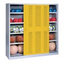 C+P Ballschrank mit Lochblech-Schiebetüren (Typ 4), HxBxT 195x190x60 cm Sonnengelb (RDS 080 80 60), Lichtgrau (RAL 7035), Gleichschliessung